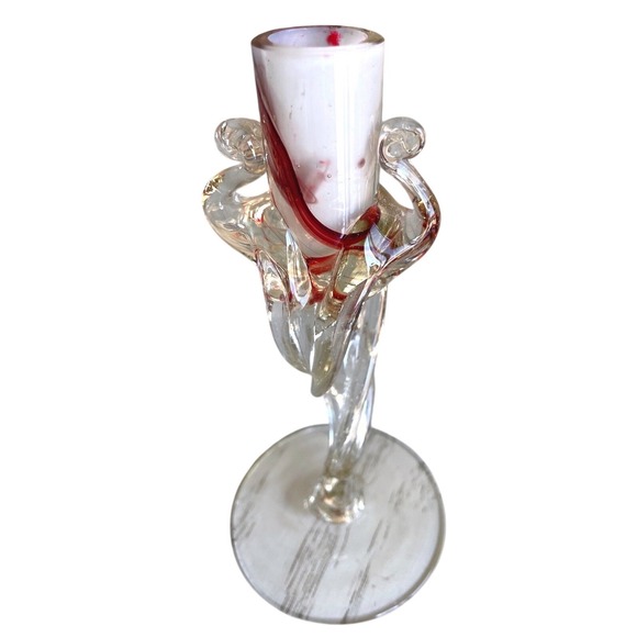 Vintage Hand Blown Art Glass Candlestick Holders Twisted Cranberry White Set
